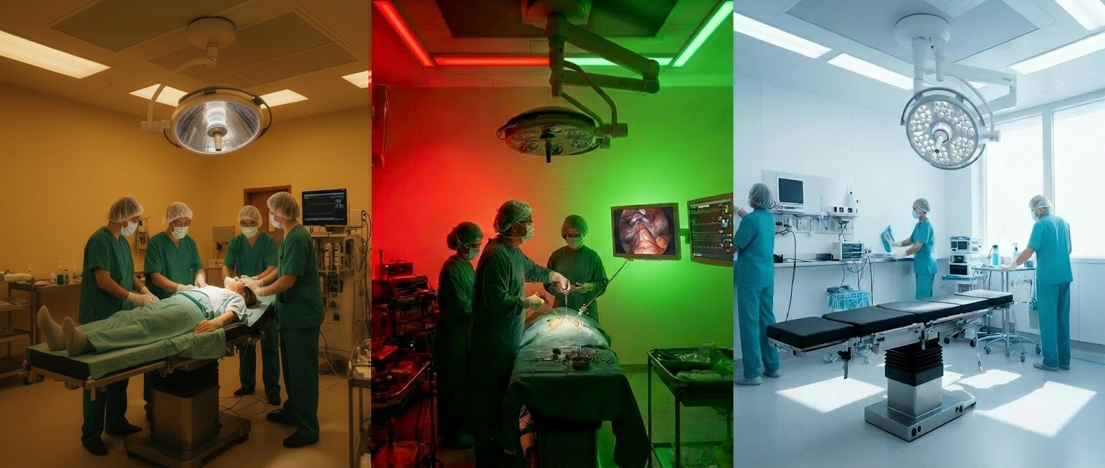 Tre faser i operationsstuens lys: varmt lys før, zoneopdelt farvet lys under, klart hvidt lys efter